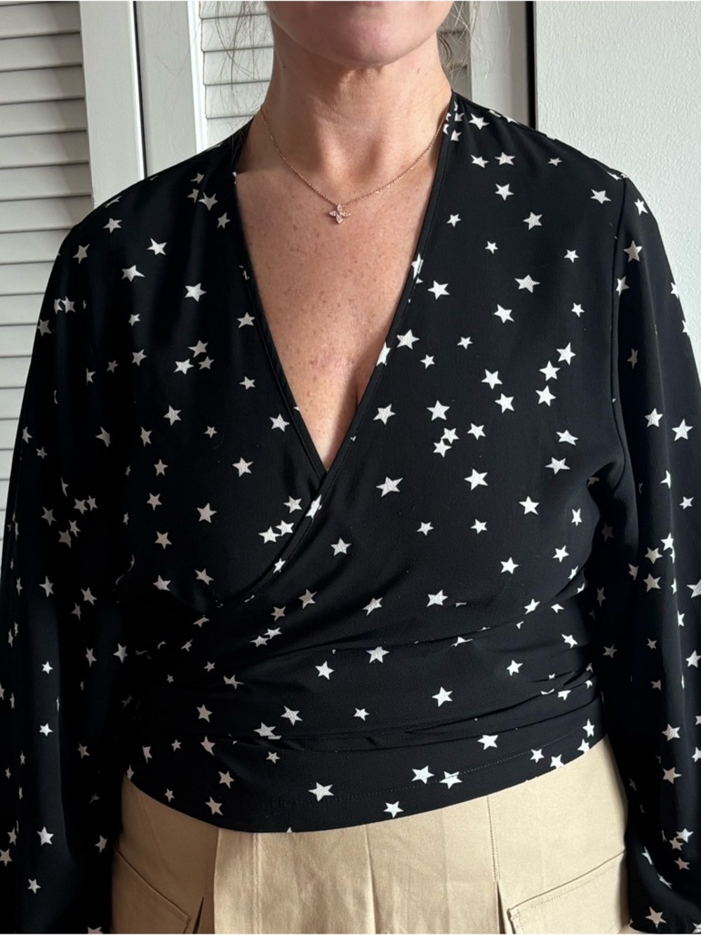Black Star-Print Wrap Blouse - Women's Long-Sleeve Top